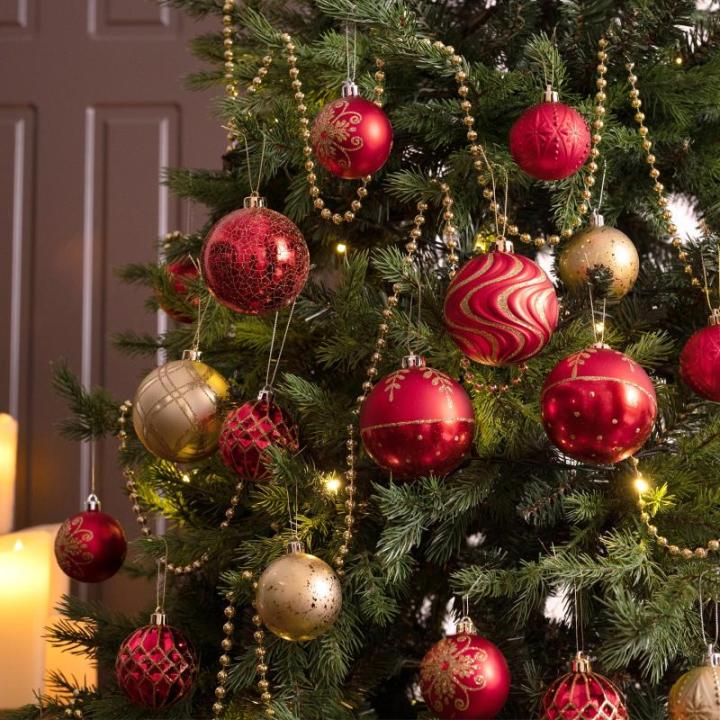 , 12 stuks, 8 cm, , met cadeaupakket, kerstboomversiering met hanger, decoratie Kerstmis, thema rood goud