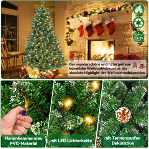 Kunstkerstboom, 180 cm, pvc-kunstboom met 250 leds, standaard en dennenappels, dennenboom, decoratieve kerstboom met sneeuweffect, kunstkerstboom voor binnen en buiten