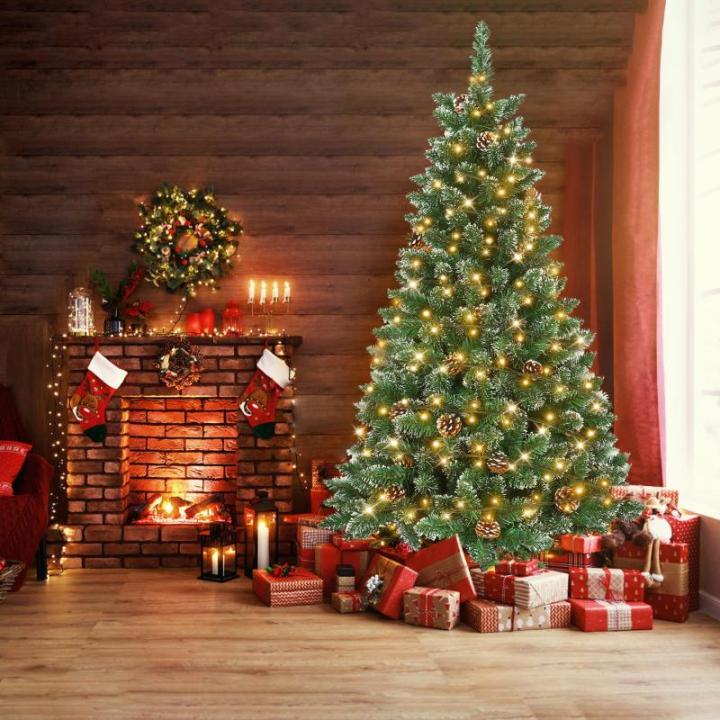 Kunstkerstboom met verlichting, sneeuweffect, led-dennenboom met metalen standaard, 250 lampen, pvc-kerstboom voor kerstdecoratie, 180 cm