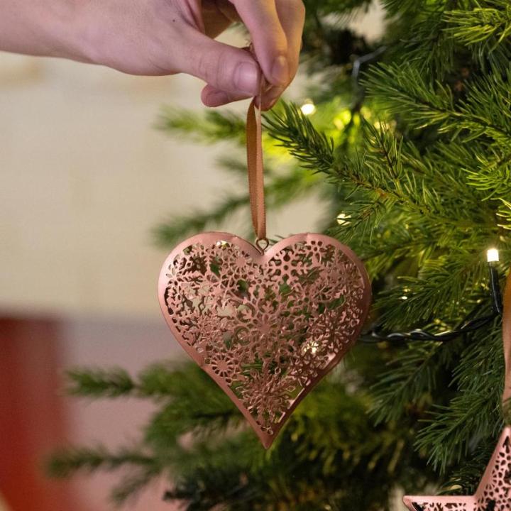 6 stuks 11 cm kerstboomversiering, brons hangende kerstdecoratie van metaal, ijzeren hart, ster, boom kerst