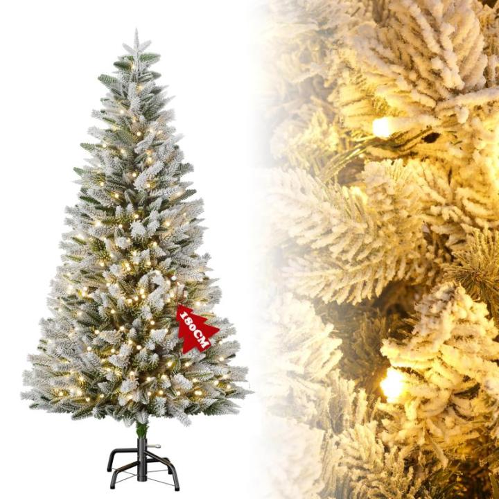 Kunstkerstboom met 350 ledverlichting, 180 cm premium dennenboom, kunstkerstboom met natuurwitte sneeuwvlokken, 800 takpunten, van PE en pvc dennennaalden, snel op te bouwen, klaps
