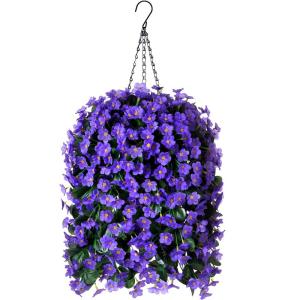 Hangende mand met , bloem hangende plantenbak, kunstzijde Morning Glory wijnstokken, kunstgroen plantenarrangement voor buiten tuin tuin zakje patio binnen woondecoratie (paars)