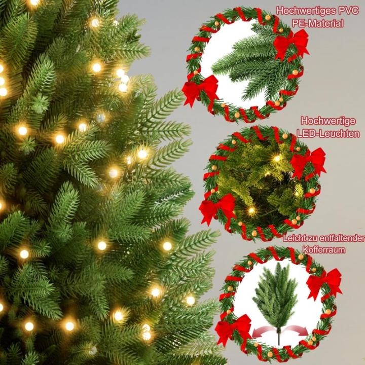 Kunstkerstboom met verlichting 180 cm dennenboom kunstgroen PVC, levensechte spuitgietelementen, edelspar snel op te bouwen, brandvertragend, incl. kerstboomstandaard (met LED)