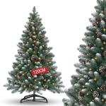 Nordmann Kunstkerstboom met sneeuweffect, dennenappels en verlichting, 120 cm, kunstdennenboom, pvc met metalen standaard, snel op te bouwen klapsysteem, moeilijk ontvlambare kerst