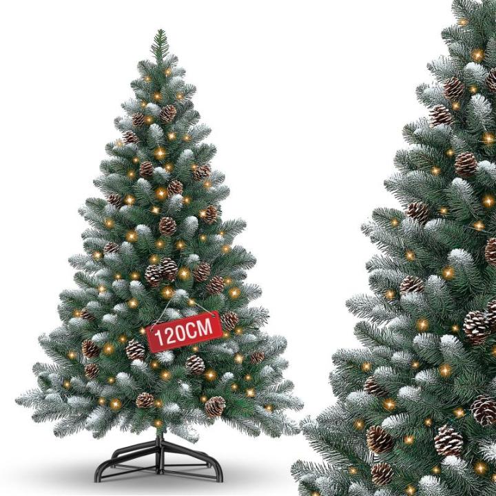 Nordmann Kunstkerstboom met sneeuweffect, dennenappels en verlichting, 120 cm, kunstdennenboom, pvc met metalen standaard, snel op te bouwen klapsysteem, moeilijk ontvlambare kerst