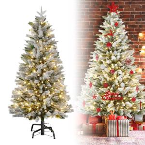 150 cm Kunstlicher Weihnachtsbaum Premium Tannenbaum Künstlich mit Schnee-Effekt und Beleuchtung 200 LED Warmes Weiß Naturgetreuer Christbaum mit Metallständer für Weihnachten-