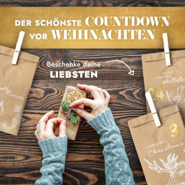 Adventskalender om te vullen, 24 papieren adventszakjes (met houten knijpers) om te knutselen voor Kerstmis, papieren kerstzakjes met cijferstickers