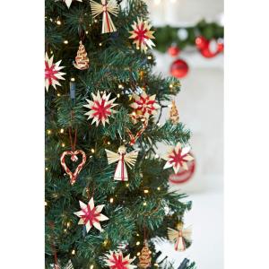 Kerstboomversiering van stro - stro boomdecoratie met rode accenten - 25-delige set - kerstboomhanger van natuurlijk materiaal, 6 cm