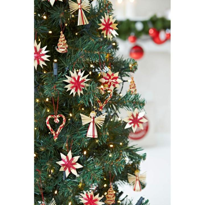Kerstboomversiering van stro - stro boomdecoratie met rode accenten - 25-delige set - kerstboomhanger van natuurlijk materiaal, 6 cm