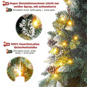 Kunstkerstboom met verlichting en witte sneeuw, led-dennenboom voor kerstdecoratie met echte dennenappels, vuurbestendig, 210 cm