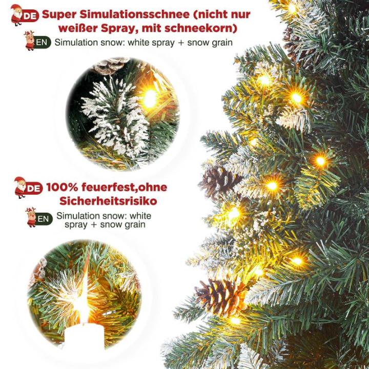 Kunstkerstboom met verlichting en witte sneeuw, led-dennenboom voor kerstdecoratie met echte dennenappels, vuurbestendig, 210 cm