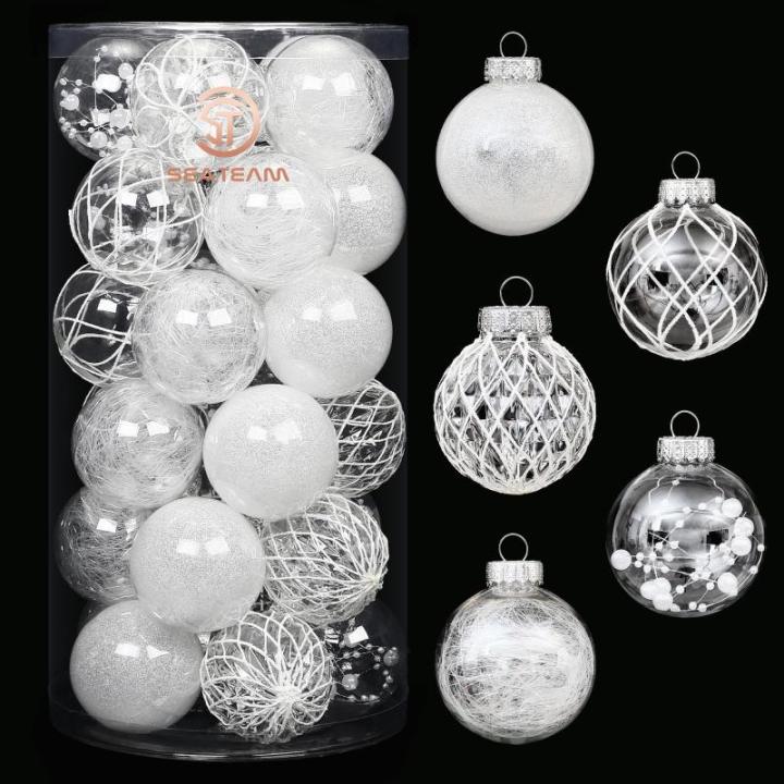 Onbreekbare doorzichtige plastic van 60 mm met glitterschilderij, transparant, doorzichtige kristallen , kerstboomdecoraties (30 stuks, wit)