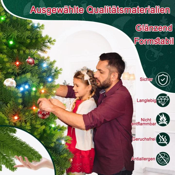 Kunstkerstboom met verlichting, kleurrijke led-premium dennenboom, magische kerstboom met PE- en pvc-takken en stevige metalen standaard, groen, 150 cm