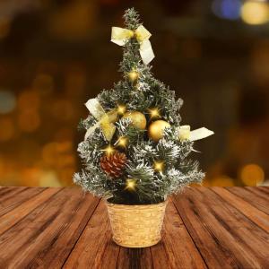 Verlichte mini-kerstboom, kleine kunstdennenboom van 40 cm hoog, versierd met ballen, dennenappels en verlichting; geschikt als tafeldecoratie, kerstdecoratie, voor thuis, op kanto