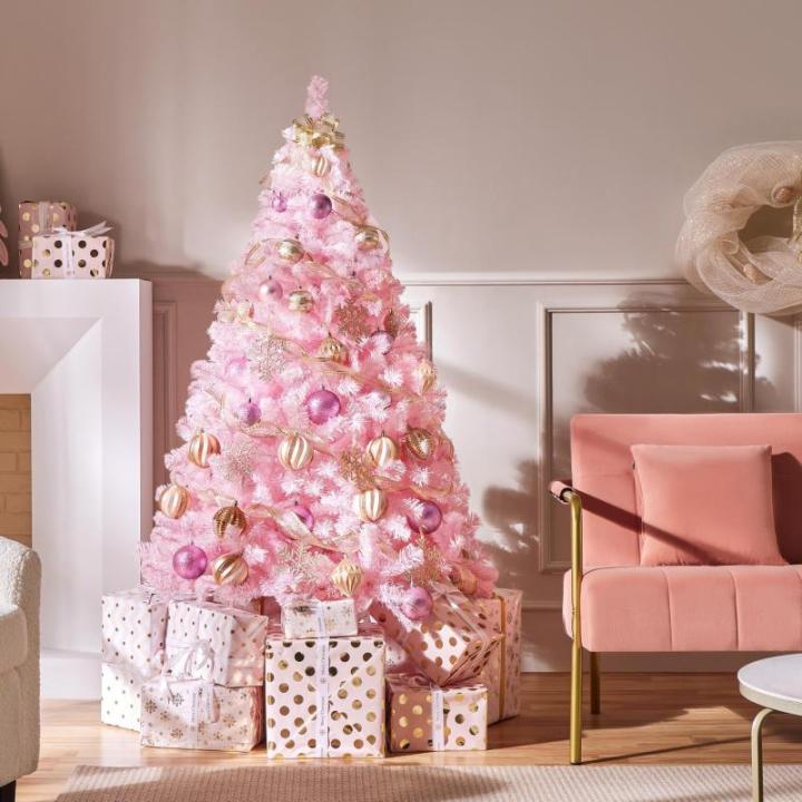Kunstkerstboom, 183 cm, roze, dennenboom met 598 takken, opvouwbare metalen standaard, herbruikbare kerstboom, kunstboom voor kerstdecoratie