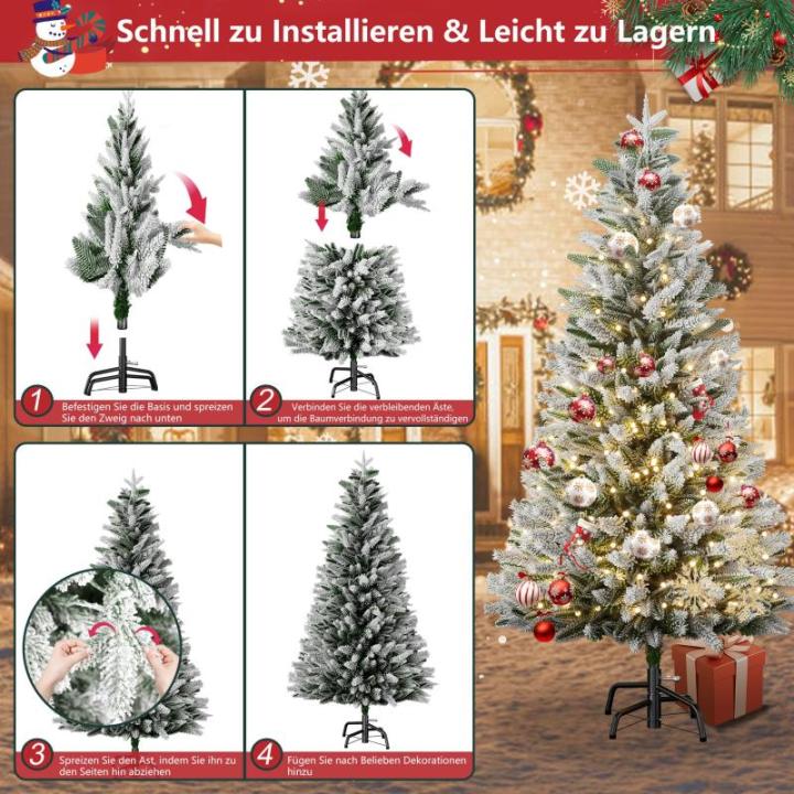 150 cm Kunstlicher Weihnachtsbaum Premium Tannenbaum Künstlich mit Schnee-Effekt und Beleuchtung 200 LED Warmes Weiß Naturgetreuer Christbaum mit Metallständer für Weihnachten-