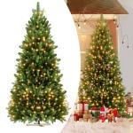 Kunstkerstboom, 210 cm, van PE en pvc, met stabiele houten standaard, realistische dennenboom, kunstkerstboom met ledverlichting voor feestelijke decoratie, snel op te bouwen, klap