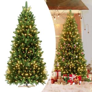 Kunstkerstboom, 210 cm, van PE en pvc, met stabiele houten standaard, realistische dennenboom, kunstkerstboom met ledverlichting voor feestelijke decoratie, snel op te bouwen, klap