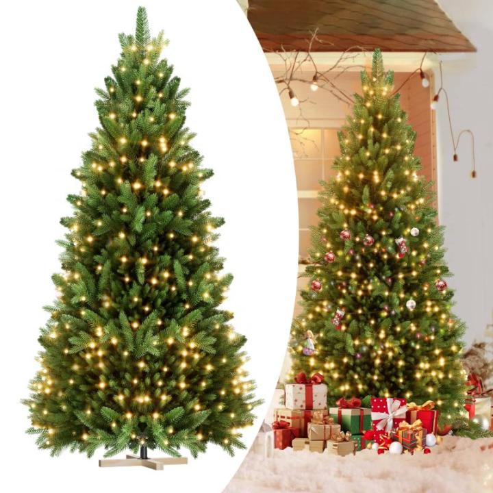 Kunstkerstboom, 210 cm, van PE en pvc, met stabiele houten standaard, realistische dennenboom, kunstkerstboom met ledverlichting voor feestelijke decoratie, snel op te bouwen, klap