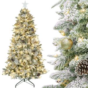 Kunstkerstboom met verlichting met sneeuw en STK, kerstballen, kerstdecoratieset, metalen standaard (180 cm, champagnegoud)