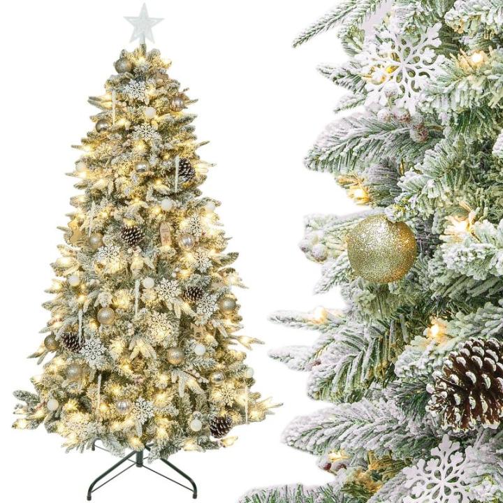 Kunstkerstboom met verlichting met sneeuw en STK, kerstballen, kerstdecoratieset, metalen standaard (180 cm, champagnegoud)