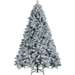 Kunstkerstboom 228 cm (Ø ca. 140 cm) met ca. 1284 punten, dennenboom met sneeuwvlokken, materiaal PVC, incl. metalen kerstboomstandaard, automatische flocking