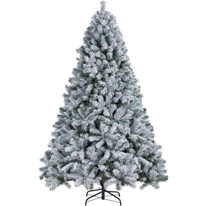 Kunstkerstboom 228 cm (Ø ca. 140 cm) met ca. 1284 punten, dennenboom met sneeuwvlokken, materiaal PVC, incl. metalen kerstboomstandaard, automatische flocking