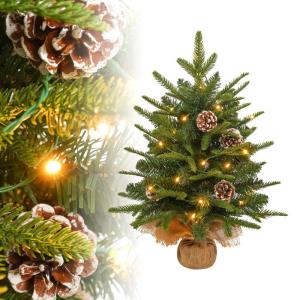 Kunstkerstboom van 60 cm in premium kwaliteit, met 30 warmwitte draadloze leds, PE + pvc-takken, 6 dennenappels en jute zak, houten sokkel, onderhoudsvriendelijk voor feestelijke