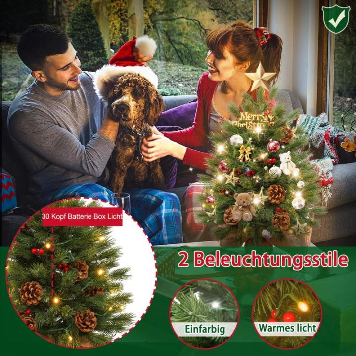 2 x kerstboom met decoratieve lichtketting, 30 leds, warm wit, 60 cm, mini-kunstkerstboom met dennenappels en taxbessen, tafelkerstboom, kerstdecoratie, materiaal PE, voor Kerstmis