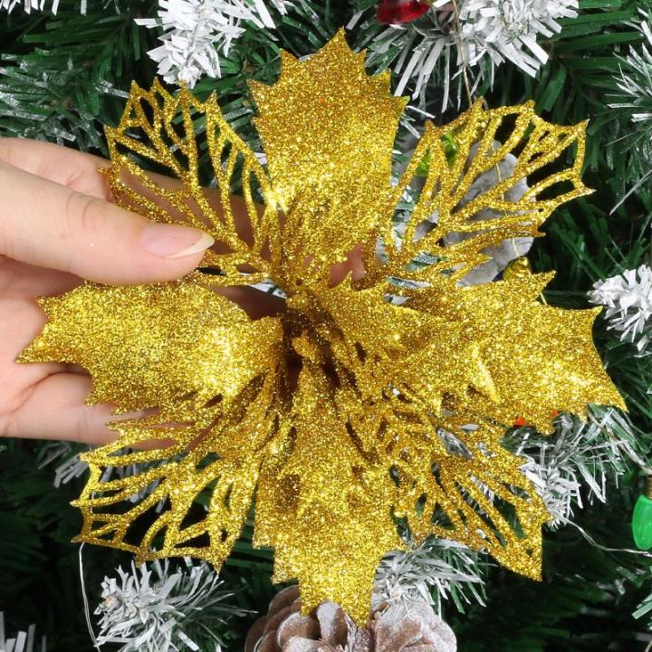 12 stuks glitter kerstster bloemen met 6 stuks glitter kerststrikken decoratie kerstboomversiering kerstdecoratie voor kerstboom Nieuwjaar decoraties
