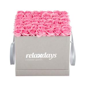 Rozenbox vierkant, 49 rozen, stabiele bloemenbox, grijs, 10 jaar houdbaar, cadeau-idee, decoratieve bloemenbox, roze