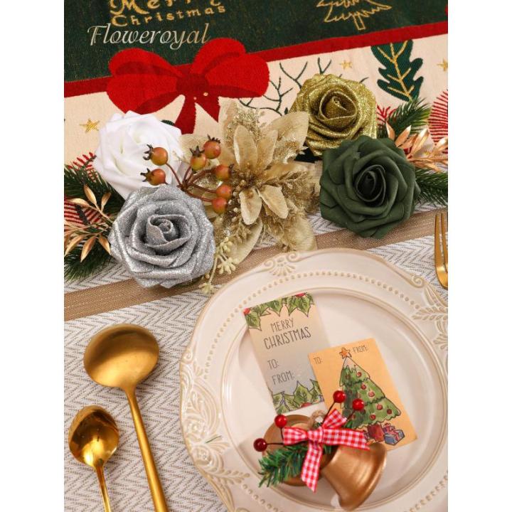 Kunstkerstbloemen, mix van zijden bloemen, kunstrozen met stelen voor zelfgemaakte bruiloft, bruidsboeketten, tafeldecoratie, woondecoratie.
