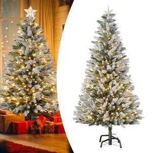 Kunstkerstboom van 180 cm, met sneeuweffect en verlichting, kunstkerstboom met metalen standaard, pvc en PE, moeilijk ontvlambare kerstboom, kunstboom, kerstdecoratie