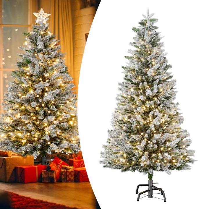 Kunstkerstboom van 180 cm, met sneeuweffect en verlichting, kunstkerstboom met metalen standaard, pvc en PE, moeilijk ontvlambare kerstboom, kunstboom, kerstdecoratie