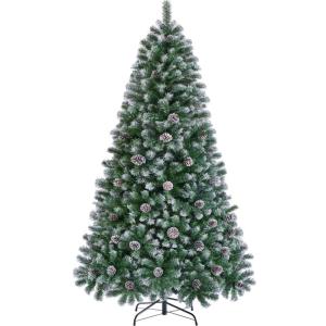 Kunstkerstboom van 228 cm met sneeuw en 82 dennenappels (Ø ca. 132 cm), 1346 takpunten, moeilijk ontvlambare dennenboom met snel opbouw, klapsysteem incl. metalen standaard