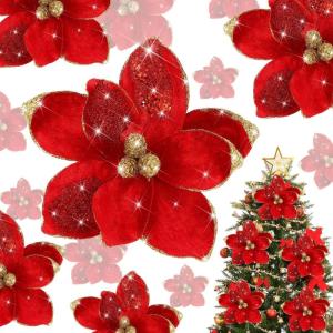 Künstliche Weihnachtssterne mit Glitzer, Samt, Magnolie, Blume, künstliche Weihnachtssterne, dekorative Blume für Weihnachtsbaumdekoration, 16 Stück (rot)