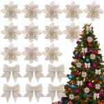 12 stuks glitter kerstster bloemen met 6 stuks glitter kerststrikken decoratie kerstboomversiering kerstdecoratie voor kerstboom Nieuwjaar decoraties
