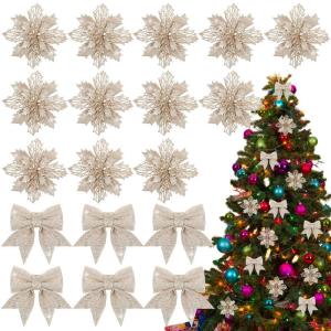 12 stuks glitter kerstster bloemen met 6 stuks glitter kerststrikken decoratie kerstboomversiering kerstdecoratie voor kerstboom Nieuwjaar decoraties
