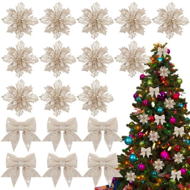 12 stuks glitter kerstster bloemen met 6 stuks glitter kerststrikken decoratie kerstboomversiering kerstdecoratie voor kerstboom Nieuwjaar decoraties