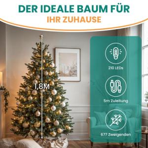 Künstlicher Tannenbaum 180 cm mit Beleuchtung 210 LED warmweiß Weihnachtsbaum Christbaum