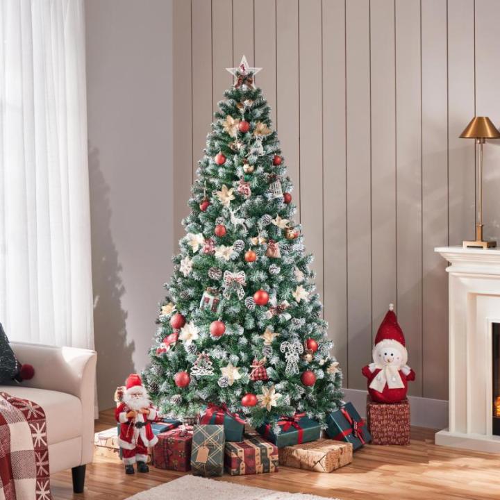 Kunstkerstboom van 183 cm met sneeuw en 64 dennenappels, diameter ca. 106 cm, 920 takpunten, moeilijk ontvlambare dennenboom met snelmontage, klapsysteem, incl. metalen standaard