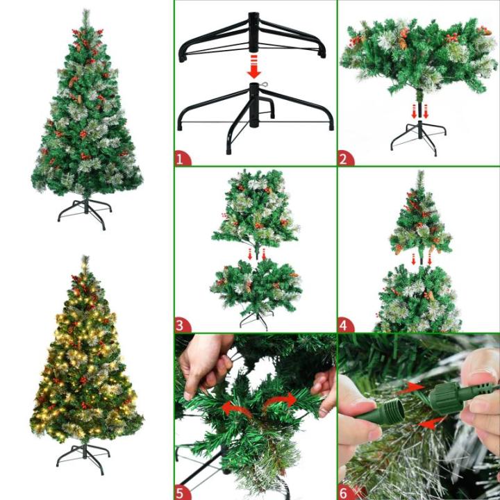Kunstkerstboom, kunstkerstboom met verlichting, 120 cm, kunstkerstboom met 180 leds en standaard, kunstkerstdecoratie, met dennenappels en bessen