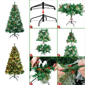Kunstkerstboom met verlichting, led-dennenboom met metalen standaard, dennenappels, rode bessen en dennentakken, pvc-kerstboom voor kerstdecoratie (120 cm)