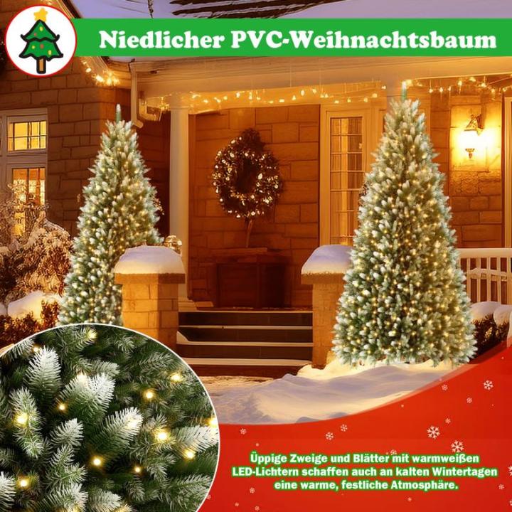 Kunstkerstboom van 180 cm met 775 groene pvc-punten en 75 groene PE-punten, met houten standaard en warmwitte leds, voor Kerstmis, Halloween, bruiloft (met sneeuweffect)