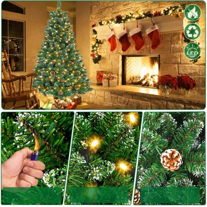 Kunstkerstboom met verlichting, 150 cm, pvc, kunstkerstboom met 180 leds en standaard, kunstkerstdecoratie, met sneeuw en dennenappels
