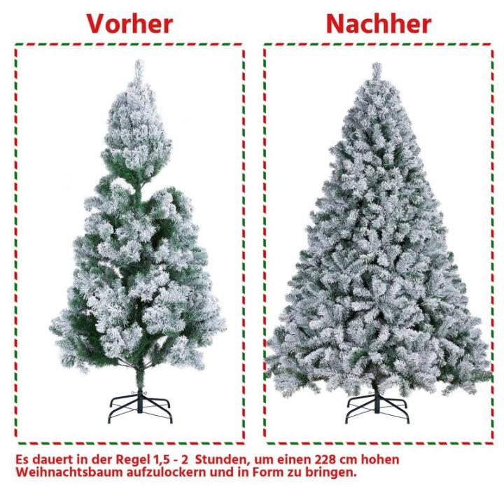 Kunstkerstboom 228 cm (Ø ca. 140 cm) met ca. 1284 punten, dennenboom met sneeuwvlokken, materiaal PVC, incl. metalen kerstboomstandaard, automatische flocking