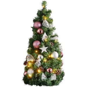 Kunstkerstboom 65 cm voor binnen, decoratieve dennenboom met ledverlichting en kerstballen in roze en zilver, met timer, warmwit, op batterijen werkende kunstboom