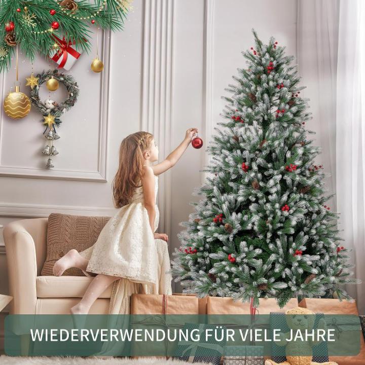 Kunstkerstboom, 180 cm, dicht gevulde takken, premium PE/pvc, kerstboom met dennenappels en rode bessen, houten standaard