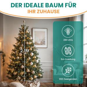 Künstlicher Tannenbaum 210 cm mit Beleuchtung 280 LED warmweiß Weihnachtsbaum Christbaum
