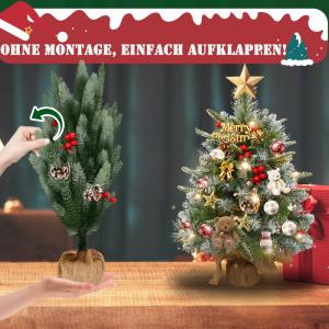 60 cm premium kunstkerstboom met 30 warmwitte draadloze leds, 4 rode bessengroepen, 4 dennenappels en houten sokkel, gemakkelijk onderhoud voor feestelijke kerstdecoratie, type B